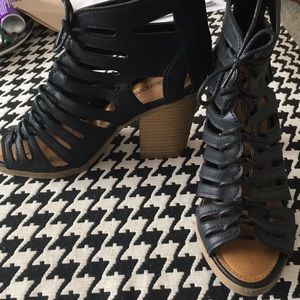 Black lace up peep toe heels